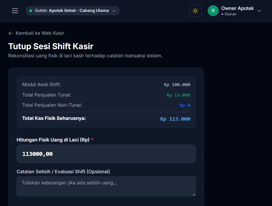 Formulir tutup shift